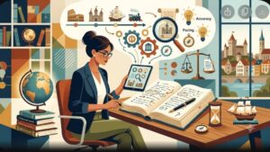 Современная иллюстрация рукописи исторического романа с антикварными предметами на рабочем столе писателя