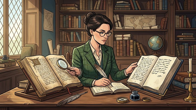 Иллюстрация с антикварными книгами и лупой для определения подлинности исторических приключенческих романов